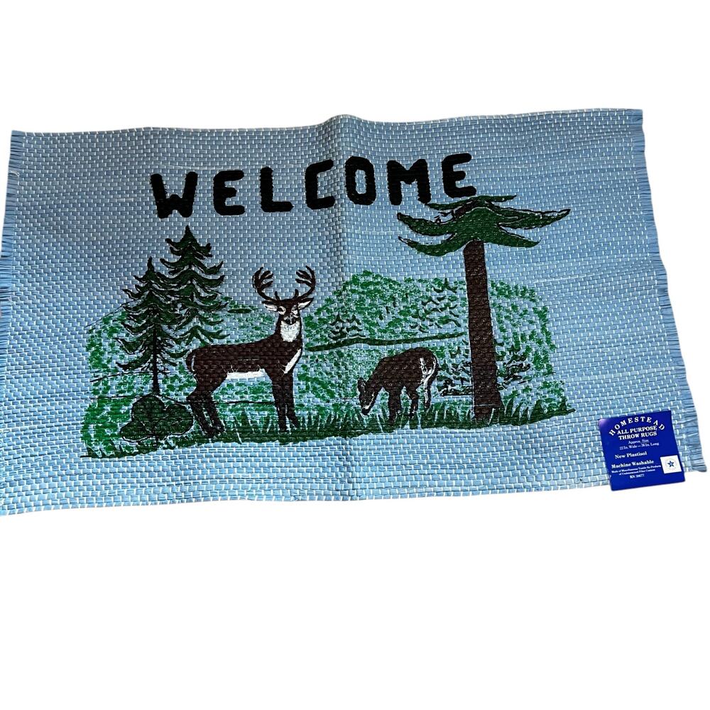 Rustic cabin Welcome braided throw rug Blue with deer trees  22" Wide X 35" long